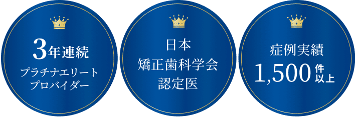 3年連続プラチナエリートプロバイダー　日本矯正歯科学会認定医　症例実績1,500件以上